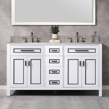 Milan 61” Floor Mounted Single Basin Vanity Set with Solid Wood Cabinet in White and Engineered stone composite Vanity Top in Carrara White with Pre-installed Undermount Rectangle Bathroom Sink in White and Pre-Drilled 3-Hole for 8”Widespread Faucet