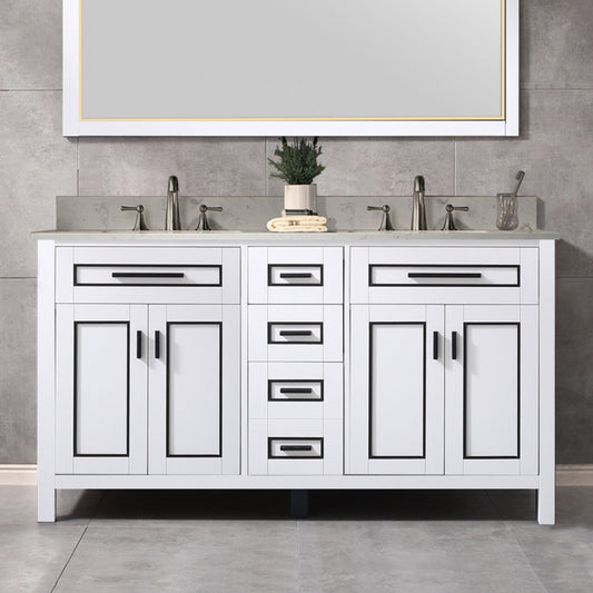 Milan 61” Floor Mounted Single Basin Vanity Set with Solid Wood Cabinet in White and Engineered stone composite Vanity Top in Carrara White with Pre-installed Undermount Rectangle Bathroom Sink in White and Pre-Drilled 3-Hole for 8”Widespread Faucet
