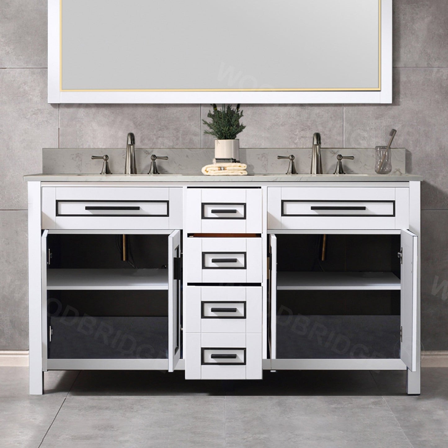 Milan 61” Floor Mounted Single Basin Vanity Set with Solid Wood Cabinet in White and Engineered stone composite Vanity Top in Carrara White with Pre-installed Undermount Rectangle Bathroom Sink in White and Pre-Drilled 3-Hole for 8”Widespread Faucet