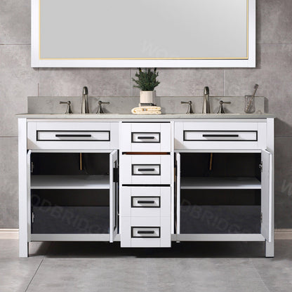 Milan 61” Floor Mounted Single Basin Vanity Set with Solid Wood Cabinet in White and Engineered stone composite Vanity Top in Carrara White with Pre-installed Undermount Rectangle Bathroom Sink in White and Pre-Drilled 3-Hole for 8”Widespread Faucet
