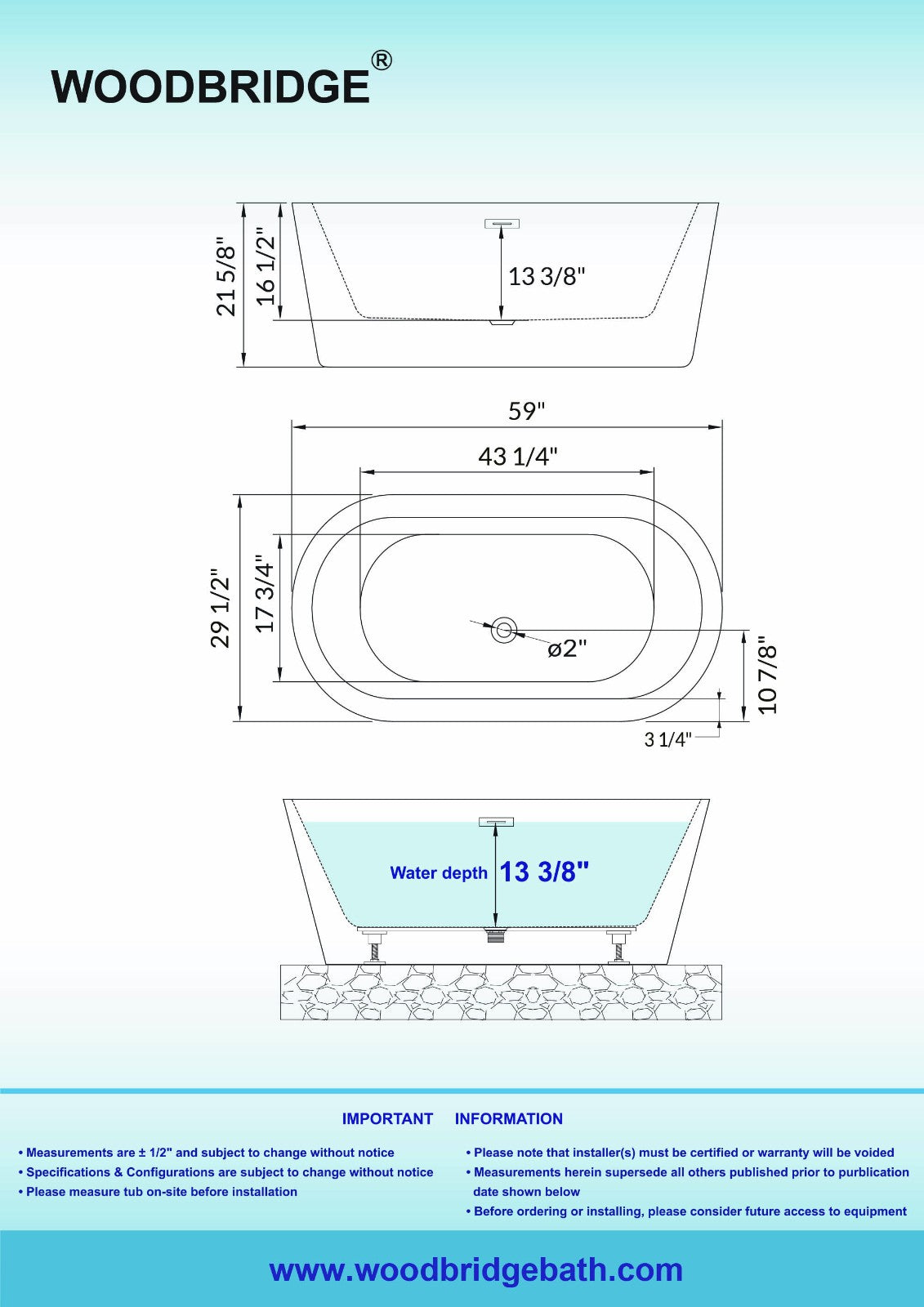 WOODBRIDGE 59" Acrylic Freestanding Bathtub Contemporary Soaking Tub