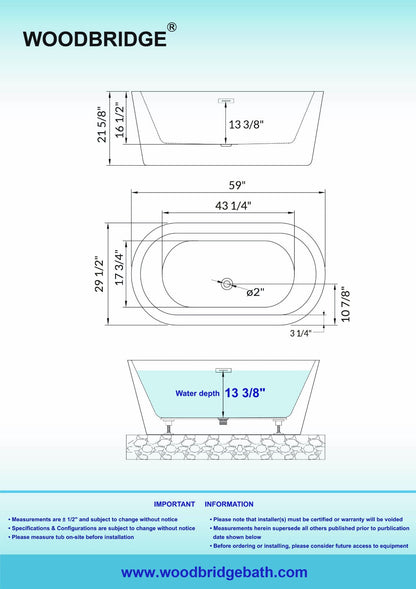 WOODBRIDGE 59" Acrylic Freestanding Bathtub Contemporary Soaking Tub
