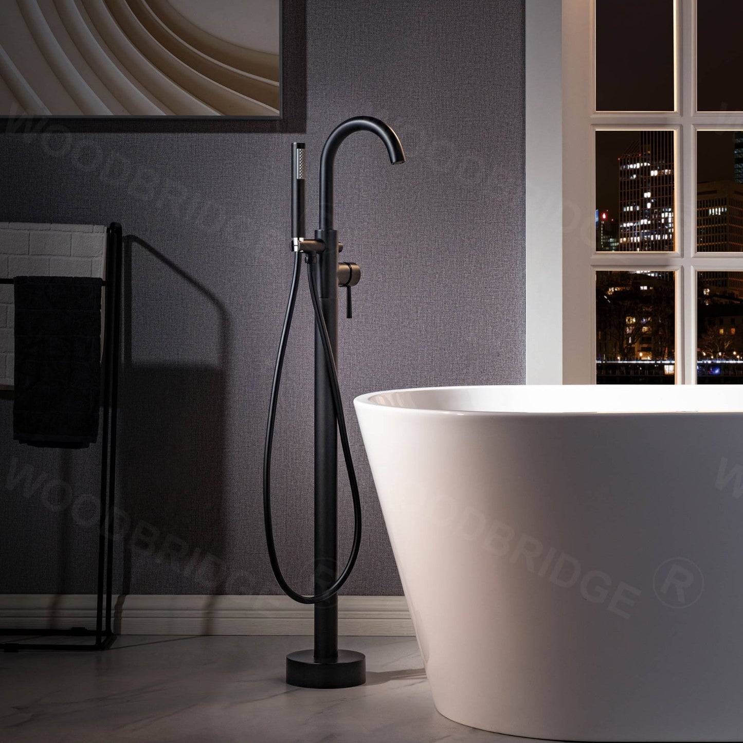 WOODBRIDGE F0023BNRD Contemporary Single Handle Floor Mount Freestanding Tub Filler Faucet with Cylinder Shape Hand shower