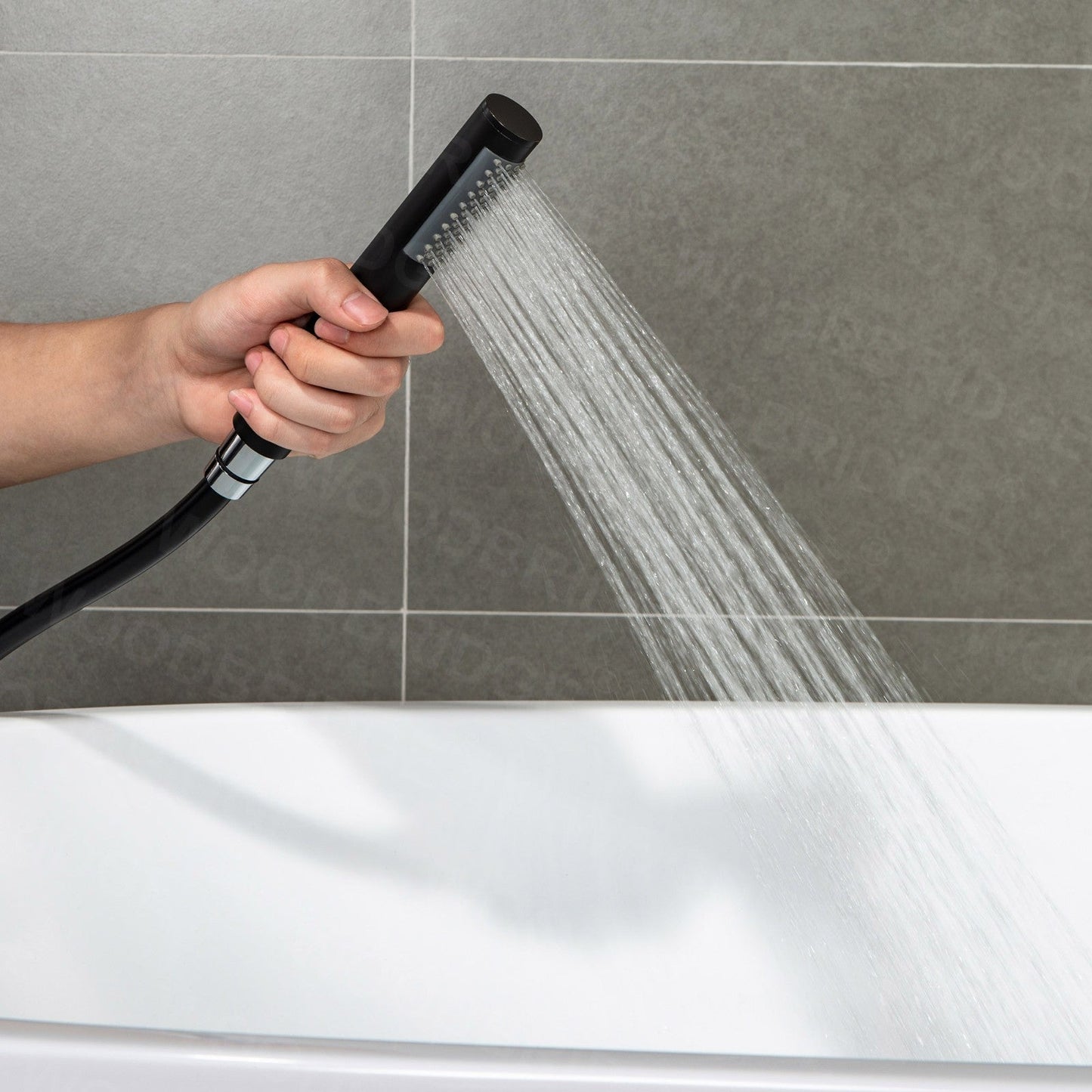 WOODBRIDGE F0023BNRD Contemporary Single Handle Floor Mount Freestanding Tub Filler Faucet with Cylinder Shape Hand shower