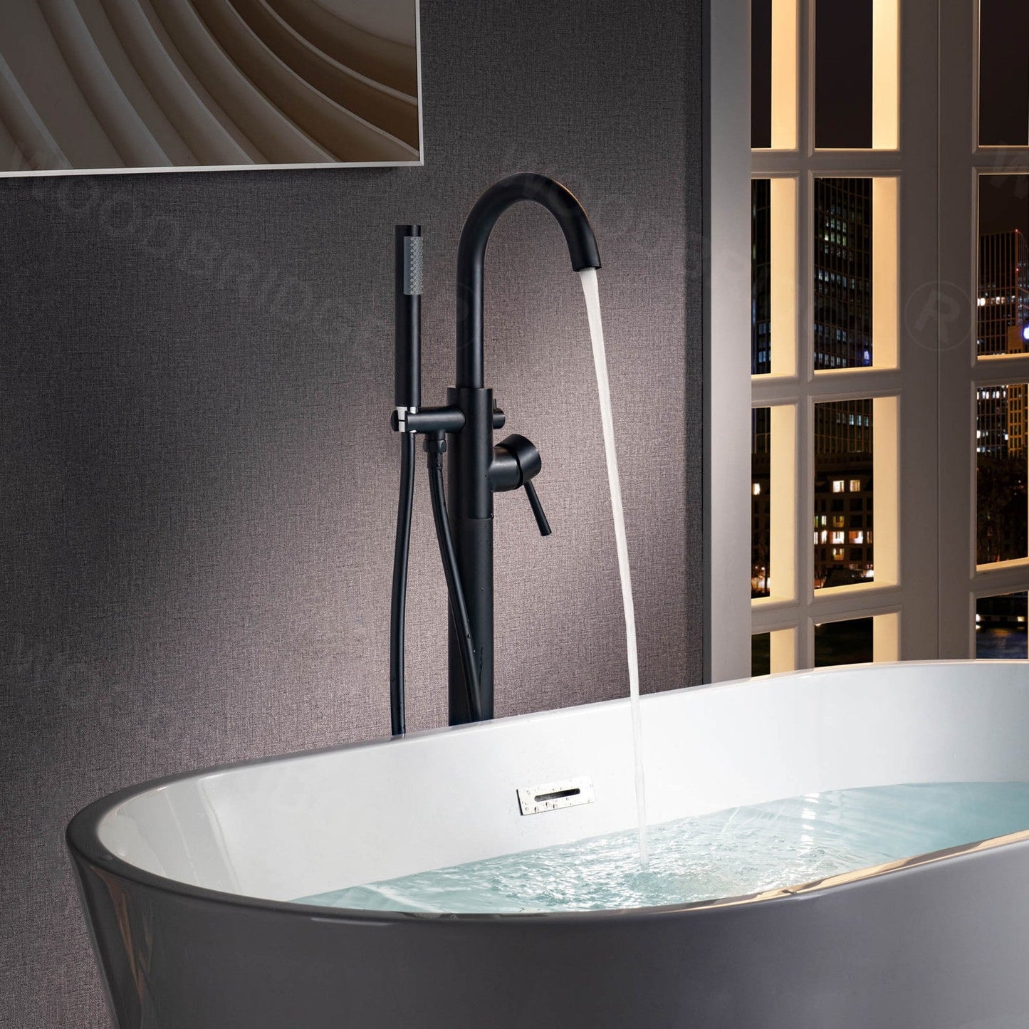 WOODBRIDGE F0023BNRD Contemporary Single Handle Floor Mount Freestanding Tub Filler Faucet with Cylinder Shape Hand shower