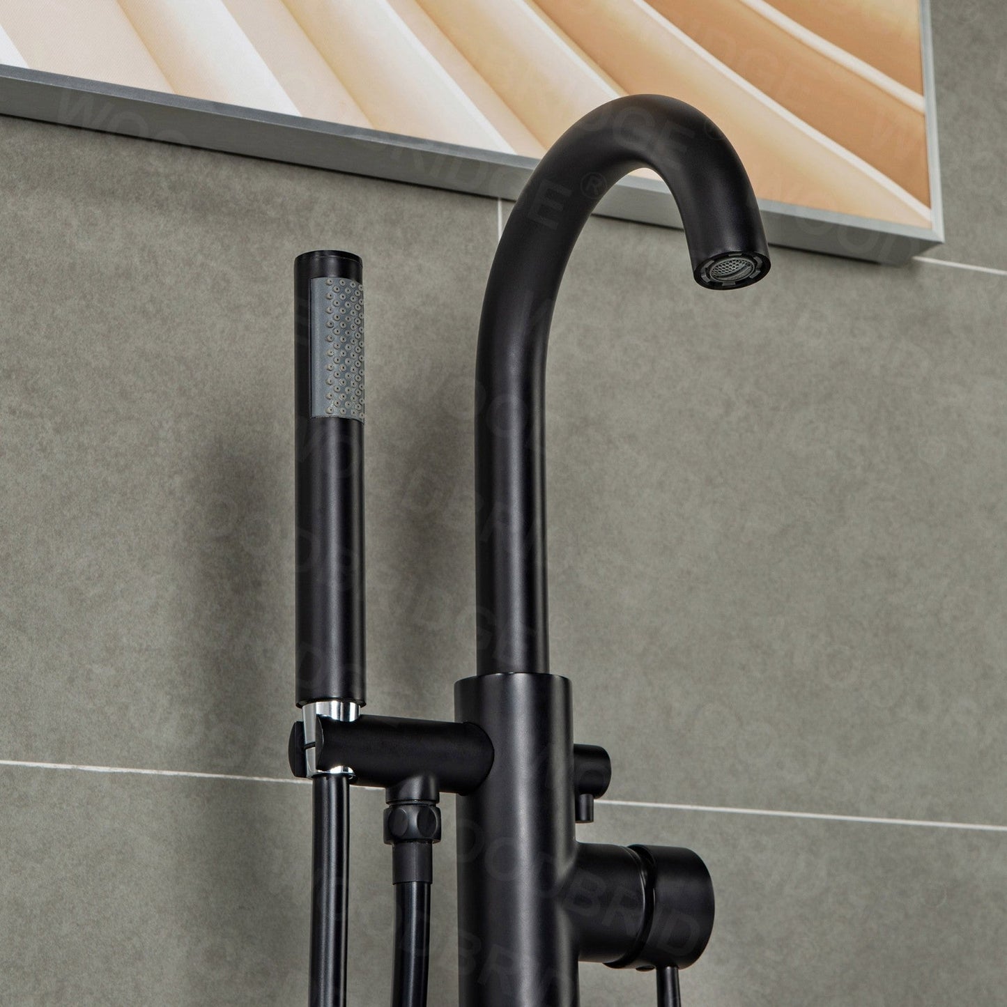 WOODBRIDGE F0023BNRD Contemporary Single Handle Floor Mount Freestanding Tub Filler Faucet with Cylinder Shape Hand shower