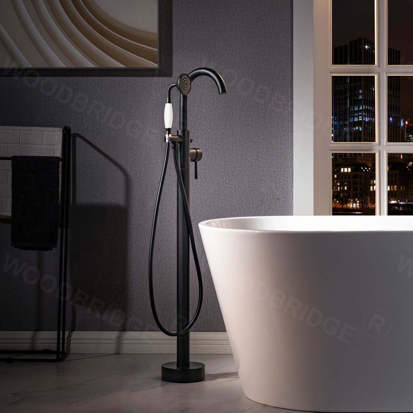 WOODBRIDGE F0023BNVT Fusion Single Handle Floor Mount Freestanding Tub Filler Faucet with Telephone Hand shower