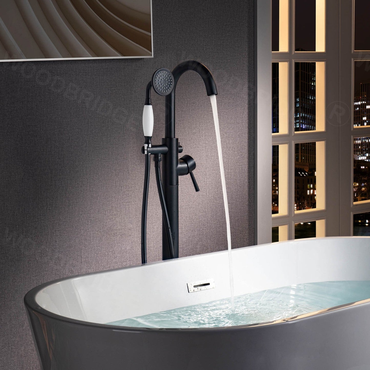 WOODBRIDGE F0023BNVT Fusion Single Handle Floor Mount Freestanding Tub Filler Faucet with Telephone Hand shower