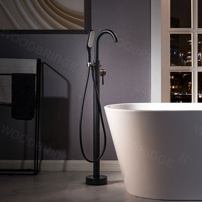WOODBRIDGE F0023BNSQ Fusion Single Handle Floor Mount Freestanding Tub Filler Faucet with Square Comfort Grip Hand Shower