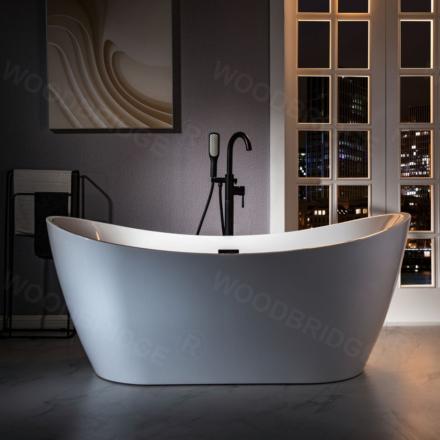 WOODBRIDGE F0023BNSQ Fusion Single Handle Floor Mount Freestanding Tub Filler Faucet with Square Comfort Grip Hand Shower