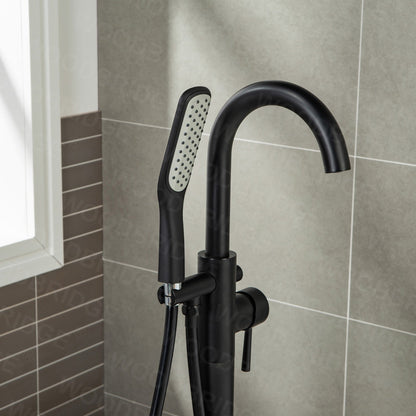 WOODBRIDGE F0023BNSQ Fusion Single Handle Floor Mount Freestanding Tub Filler Faucet with Square Comfort Grip Hand Shower
