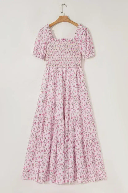 White Frill Neckline Shirred Bodice Floral Maxi Dress