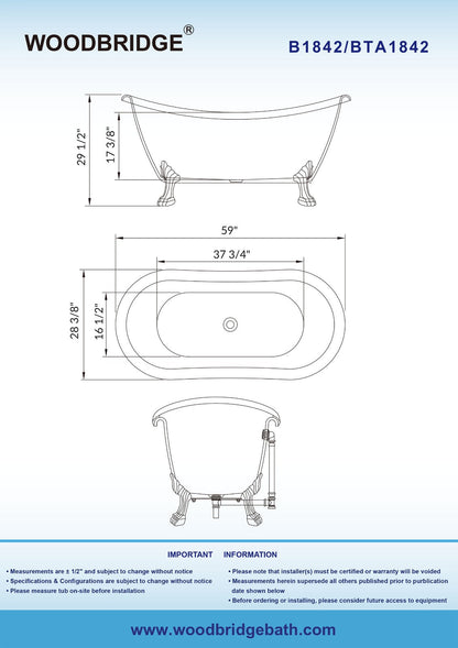 WOODBRIDGE 59" Heavy Duty Acrylic Double Slipper Clawfoot Bath Tub