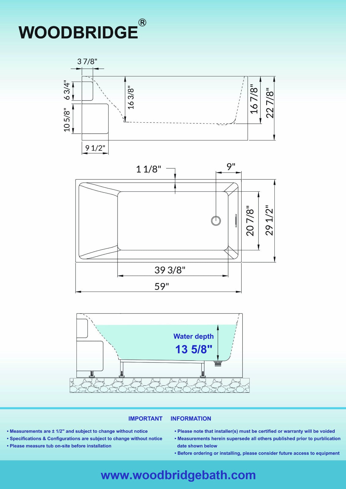 WOODBRIDGE 59" Acrylic Freestanding Bathtub Contemporary Soaking Tub