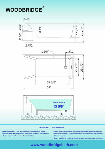 WOODBRIDGE 59" Acrylic Freestanding Bathtub Contemporary Soaking Tub
