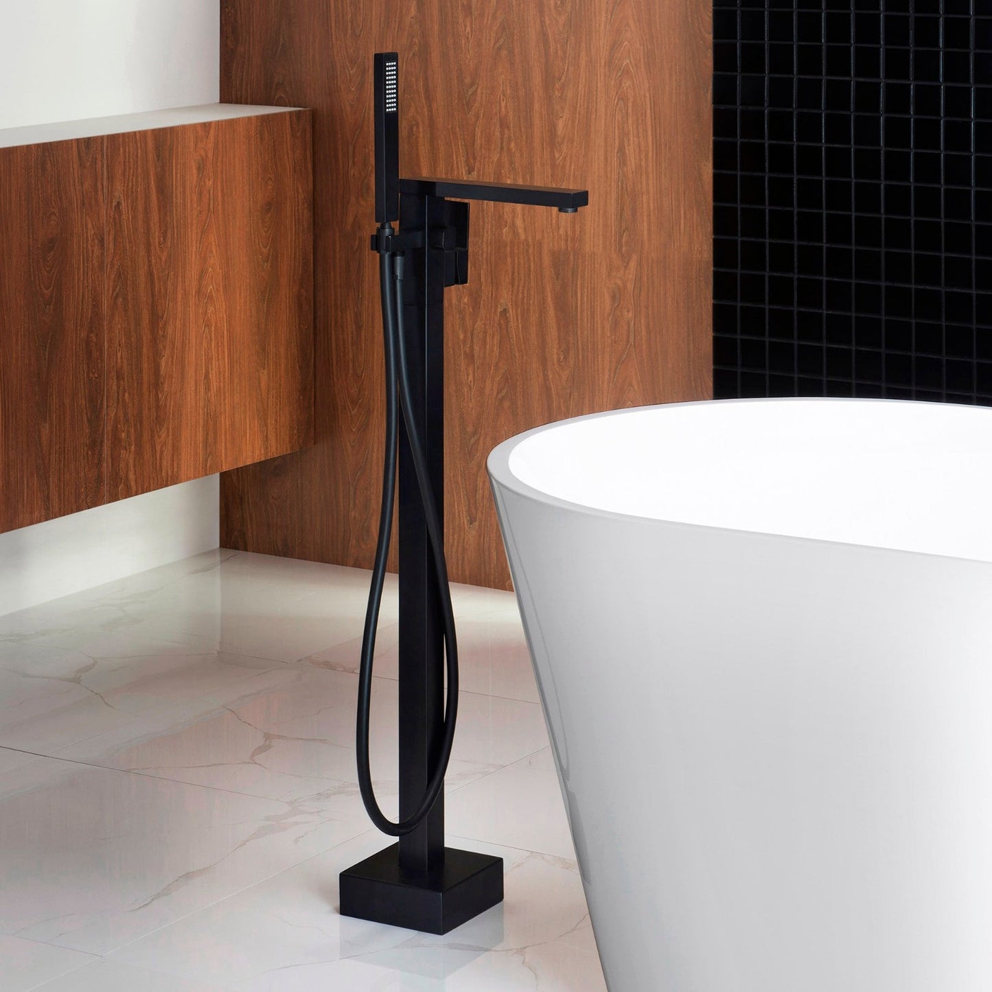WOODBRIDGE F0003BN Contemporary Single Handle Floor Mount Freestanding Tub Filler Faucet with Hand shower