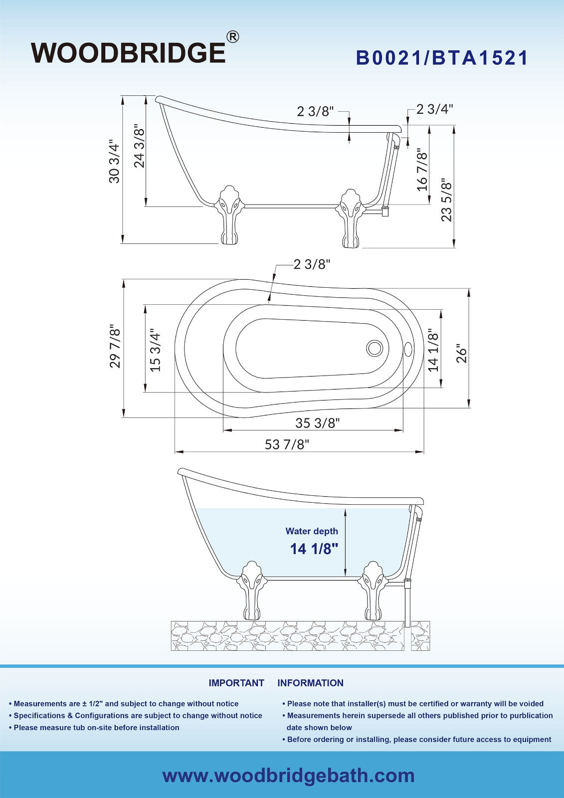WOODBRIDGE 54" Heavy Duty Acrylic Slipper Clawfoot Bath Tub