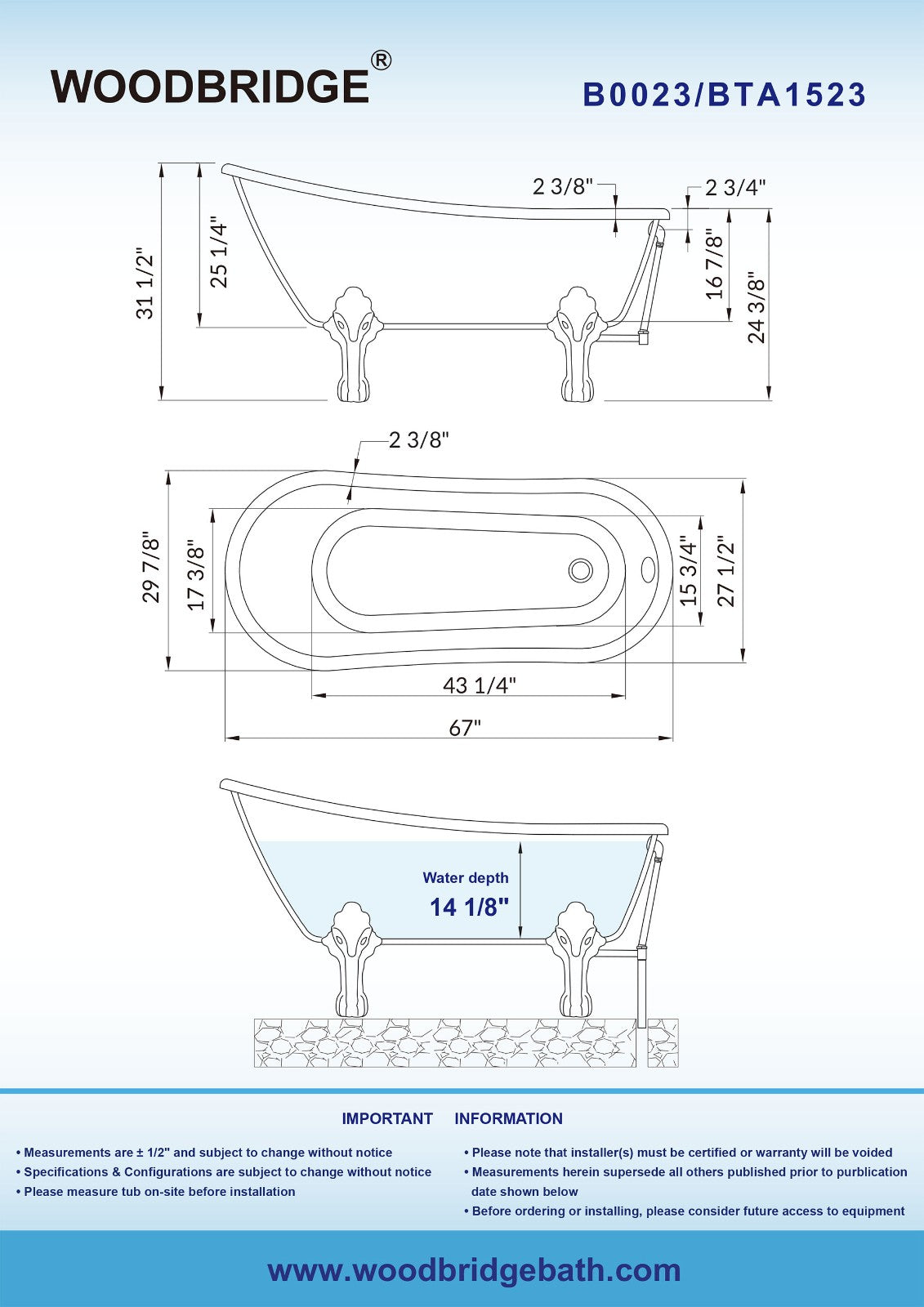 WOODBRIDGE 67" Heavy Duty Acrylic Slipper Clawfoot Bath Tub