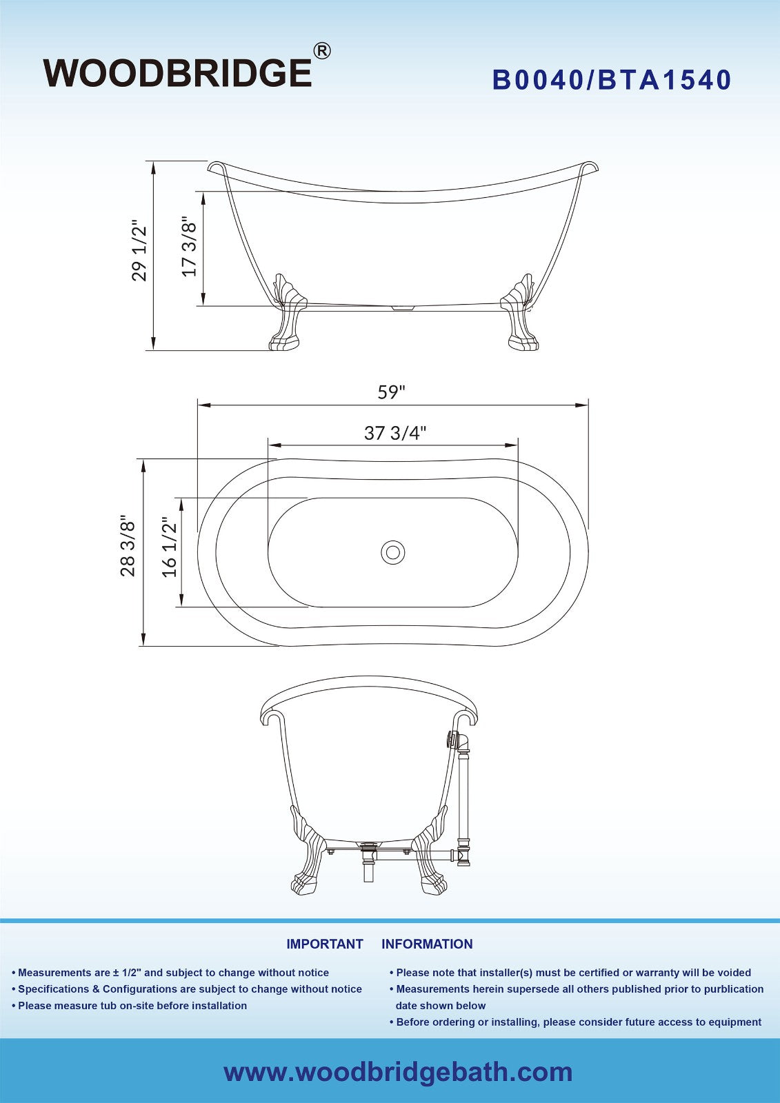 WOODBRIDGE 59" Heavy Duty Acrylic Double Slipper Clawfoot Bath Tub