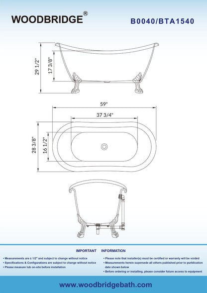 WOODBRIDGE 59" Heavy Duty Acrylic Double Slipper Clawfoot Bath Tub