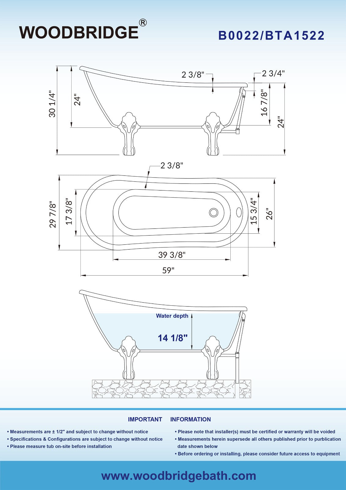 WOODBRIDGE 59" Heavy Duty Acrylic Slipper Clawfoot Bath Tub