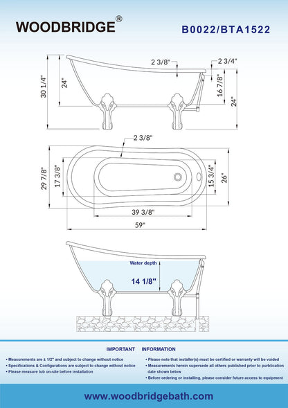 WOODBRIDGE 59" Heavy Duty Acrylic Slipper Clawfoot Bath Tub