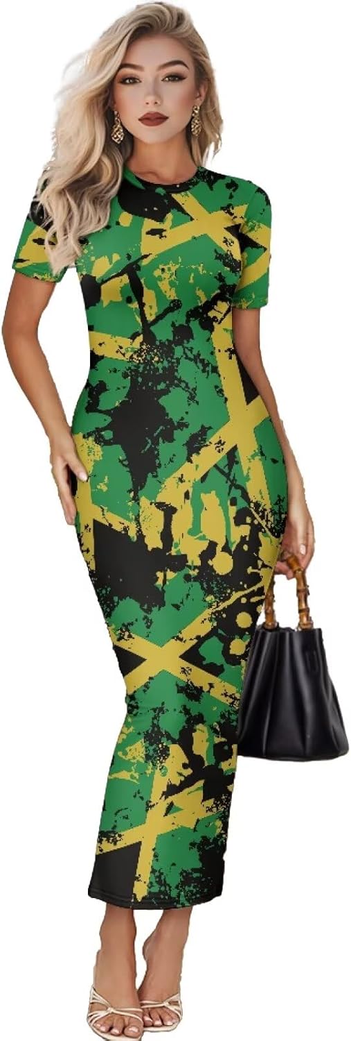 Women's Jamaican Flag Bodycon Midi Dress Short Sleeve