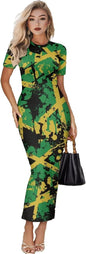 Women's Jamaican Flag Bodycon Midi Dress Short Sleeve