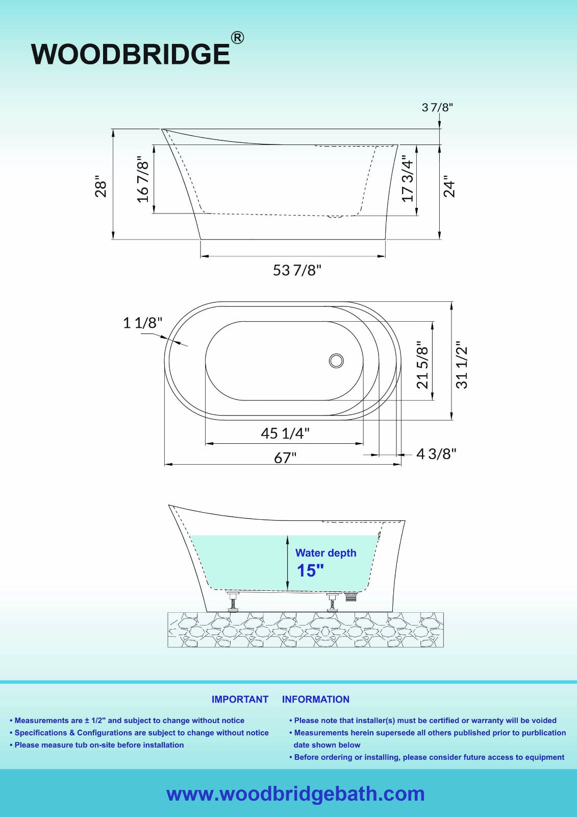 WOODBRIDGE 67" Acrylic Freestanding Bathtub Contemporary Soaking Tub