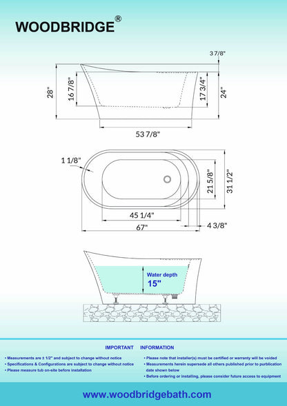 WOODBRIDGE 67" Acrylic Freestanding Bathtub Contemporary Soaking Tub