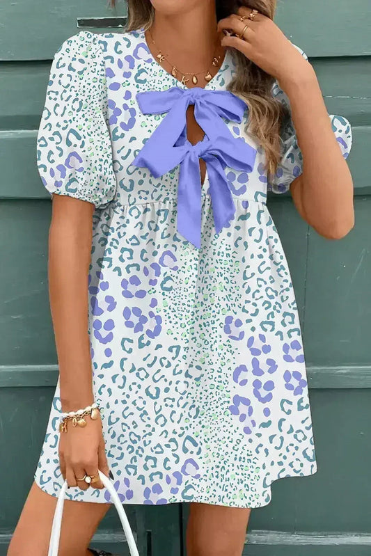 Sky Blue Leopard Bow Front Puff Sleeve Mini Dress
