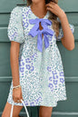 Sky Blue Leopard Bow Front Puff Sleeve Mini Dress