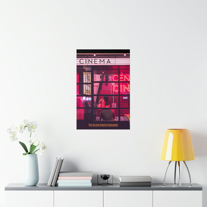 Poster of a cinema with 'Cinema' text on a white wall above a shelf with decor items.