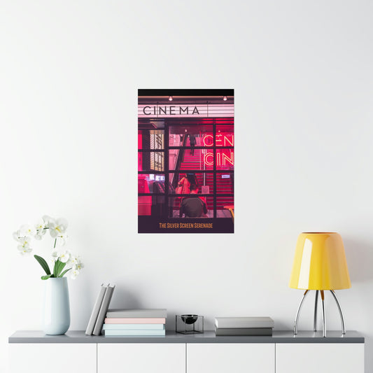 Poster of a cinema with 'Cinema' text on a white wall above a shelf with decor items.