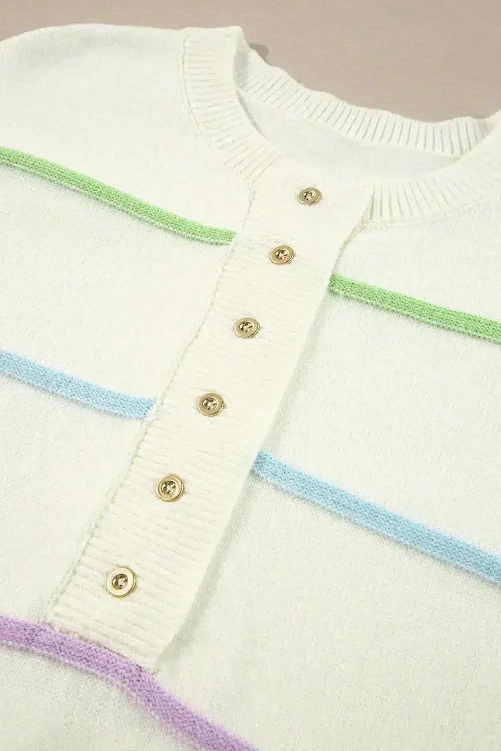 White Rainbow Striped Drop Sleeve Henley Sweater
