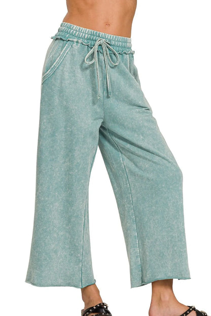 Zenana Washed French Terry Palazzo With Pockets in Ash Blue