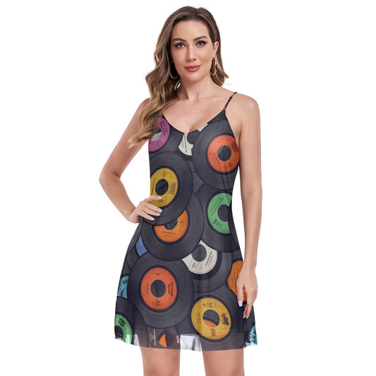Women's Vinyl Records Print Summer Dress - Sleeveless Halter Sundress with Pockets