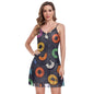 Women's Vinyl Records Print Summer Dress - Sleeveless Halter Sundress with Pockets