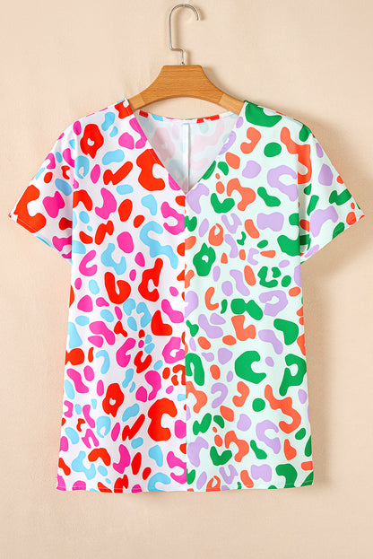 Green Leopard Print Patchwork V Neck Short Sleeve Blouse