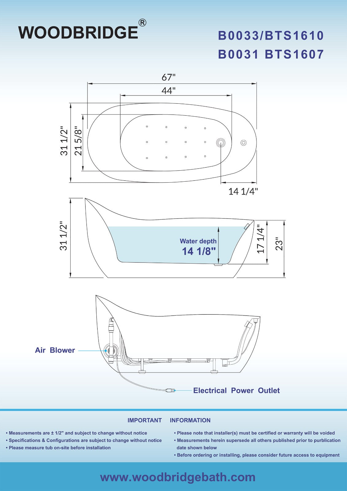 WOODBRIDGE B-0033 Deluxe Air Bubble Free Standing Bathtub