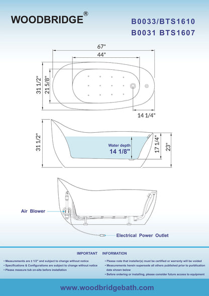 WOODBRIDGE B-0033 Deluxe Air Bubble Free Standing Bathtub