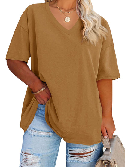 Cato Fashions Online - Women's Plus Size V-Neck Cotton T-Shirts - Summer Half Sleeve Casual Loose Fit Tunic Tops