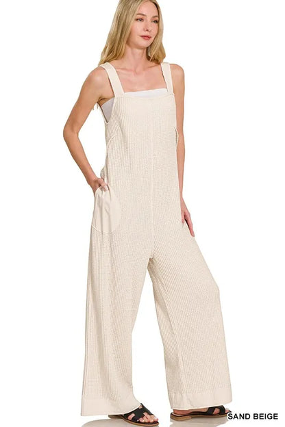 Zenana Knit Waffle Wide Leg Overalls in Beige