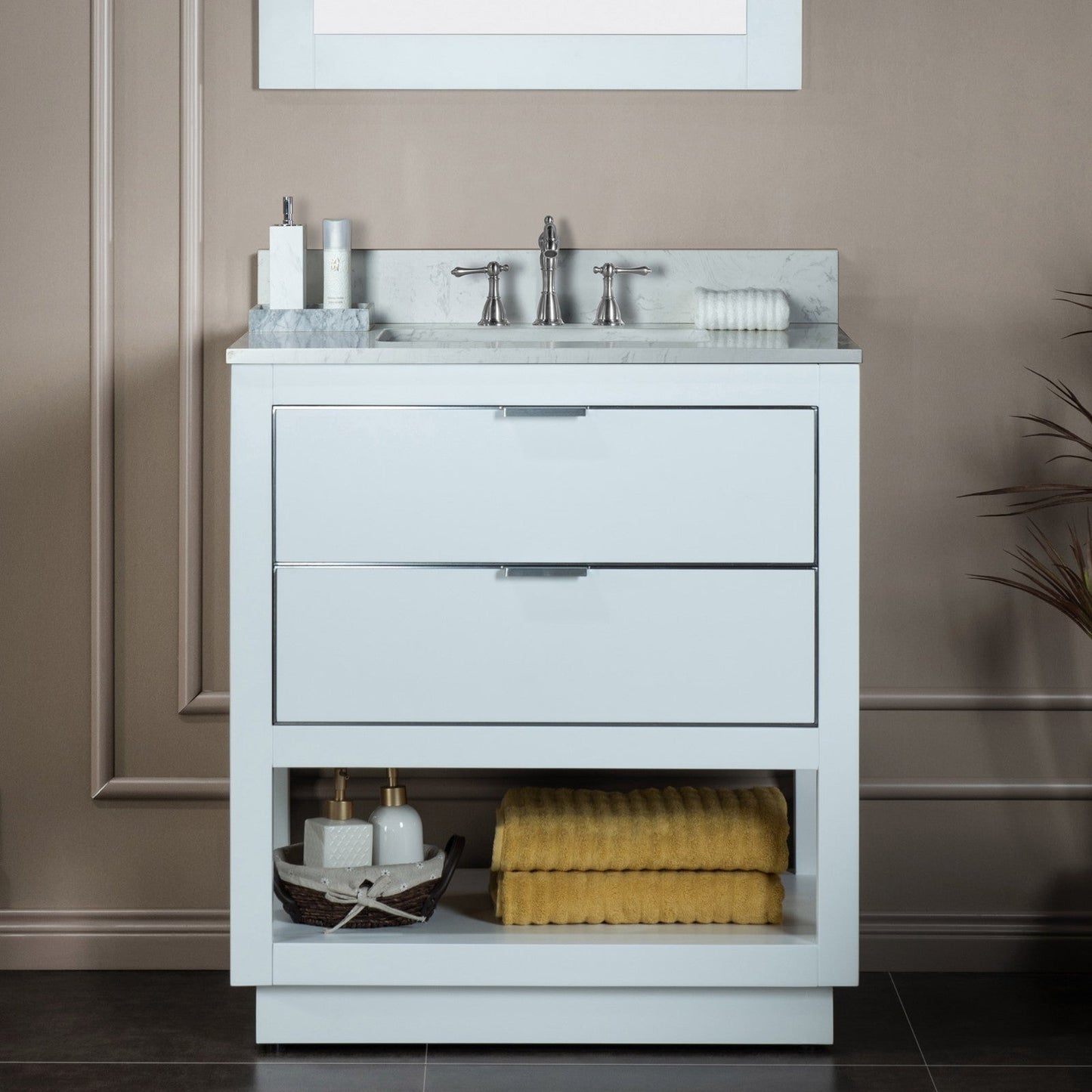 WOODBRIDGE Venice 30"x21"x33" Solid Wood Bath Vanities Side Cabinet in White with Brushed Nickel Trim and Engineered Stone Composite Vanity Top in Carrara White 3 Pre-Drilled Holes for 8-inch Widespread Faucet.