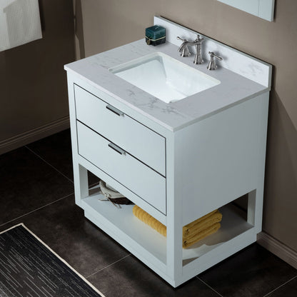 WOODBRIDGE Venice 30"x21"x33" Solid Wood Bath Vanities Side Cabinet in White with Brushed Nickel Trim and Engineered Stone Composite Vanity Top in Carrara White 3 Pre-Drilled Holes for 8-inch Widespread Faucet.