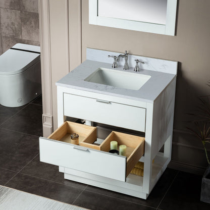 WOODBRIDGE Venice 30"x21"x33" Solid Wood Bath Vanities Side Cabinet in White with Brushed Nickel Trim and Engineered Stone Composite Vanity Top in Carrara White 3 Pre-Drilled Holes for 8-inch Widespread Faucet.