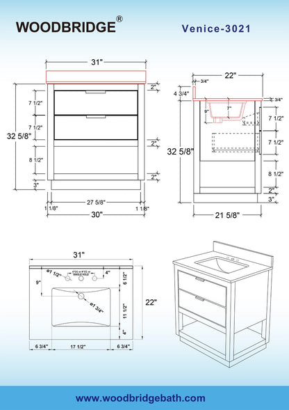 WOODBRIDGE Venice 30"x21"x33" Solid Wood Bath Vanities Side Cabinet in White with Brushed Nickel Trim and Engineered Stone Composite Vanity Top in Carrara White 3 Pre-Drilled Holes for 8-inch Widespread Faucet.