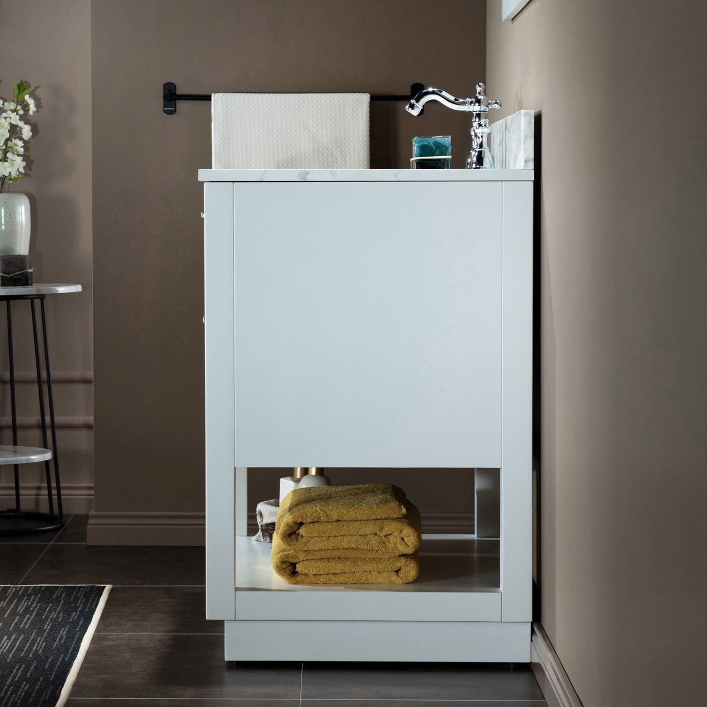 WOODBRIDGE Venice 30"x21"x33" Solid Wood Bath Vanities Side Cabinet in White with Brushed Nickel Trim and Engineered Stone Composite Vanity Top in Carrara White 3 Pre-Drilled Holes for 8-inch Widespread Faucet.