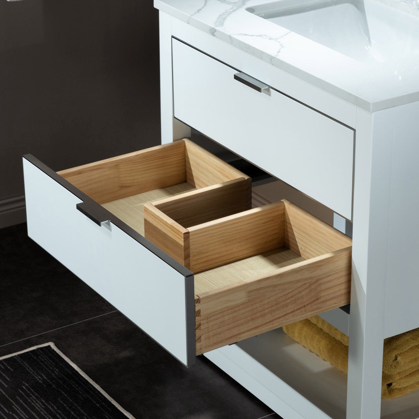 WOODBRIDGE Venice 30"x21"x33" Solid Wood Bath Vanities Side Cabinet in White with Brushed Nickel Trim and Engineered Stone Composite Vanity Top in Carrara White 3 Pre-Drilled Holes for 8-inch Widespread Faucet.