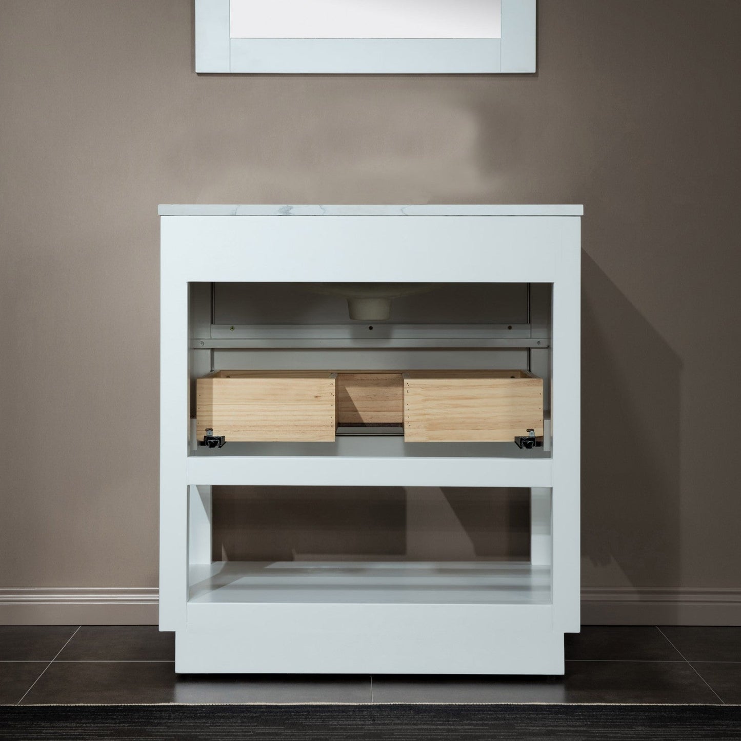 WOODBRIDGE Venice 30"x21"x33" Solid Wood Bath Vanities Side Cabinet in White with Brushed Nickel Trim and Engineered Stone Composite Vanity Top in Carrara White 3 Pre-Drilled Holes for 8-inch Widespread Faucet.